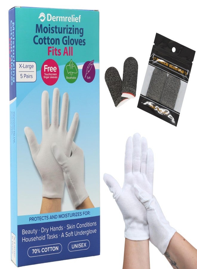 Dermrelief Cotton Gloves Fits All - for Beauty, Dry Hands, Eczema, Dermatitis and Psoriasis (5 Pairs) with Free Gift (Touchscreen Finger Sleeves) (Large) - Image 1